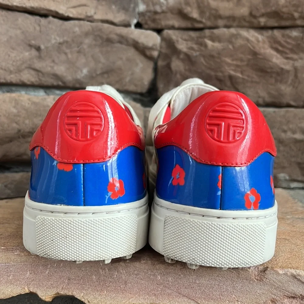 Tory Burch Cream Leather Golf Sneakers with Red and Blue Floral Print